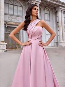 Aureia 优雅、浪漫、端庄、春夏、粉色、缎面、亮片拼接、不对称领口连衣裙、适合度假、婚礼宾客、舞会、正式晚宴礼服、派对礼服、晚礼服、长袍