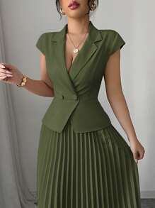 Elenzga فستان للسيدات أنيق أحادي اللون بلا أكمام ، مزين بياقة التيمور المزيف والذيل المزري، خصر ذو تنحية الخصر، مناسب للذهاب إلى العمل، للربيع والصيف