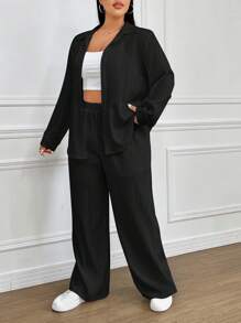 SHEIN EZwear Plus Size Women Solid Color Long Sleeve Shirt And Wide Leg Pants 2 Pieces Set - Black - View 4