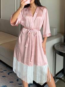 DAZY Women's Loose Fit Textured Satin Short Sleeve Robe With Fringe Hem Pajama - Pink - View 8