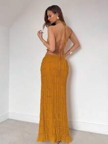 Roylia 2pcs/Set Women's Vacation Beachwear Backless Halter Ruched Waist Top & Skirt Set - Yellow - View 4