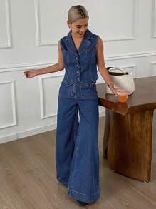 DAZY 2 件套女士休闲牛仔背心和阔腿裤套装，春夏