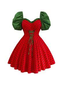 Sunnyshic Cute Heart Shaped Puff Sleeve Cinched Waist Mini Dress - Black - View 1