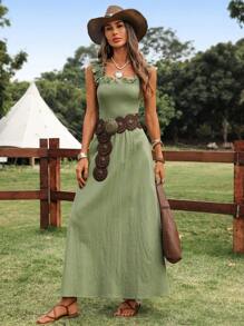 SHEIN LUNE Sage Green Summer Modest Picnic Holiday Women Cotton Frill Trim & Bow Back Tie Cinched Waist Ruched A-Line Midi Dress,Rave Festival Concert Outfit - Apricot - View 7