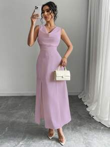 Chiquease Đầm suông hở vai cổ chữ V màu trơn thanh lịch cho nữ, Đầm dạ hội trang trọng, Đầm dài gợi cảm - Màu tím - Xem 5