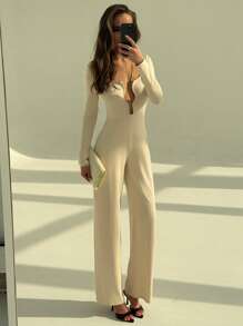 Aloruh Bộ đồ liền thân hở lưng kim loại chữ V sâu gợi cảm viền chữ H - Màu Khaki - Xem 6