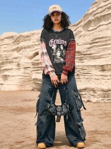 Easelle 运动衫 水洗图案 拼布 格子 - 灰色 - 查看 5