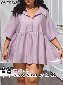 SHEIN CURVE+ 大码女式锦缎棉麻紫色衬衫，娃娃风格衬衫，浪漫、优雅、休闲、婚礼服装、返校季服装 - 紫色 - 查看 1