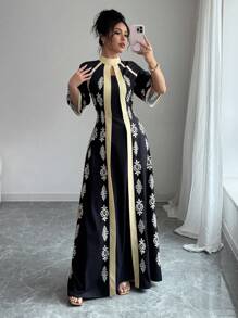 Chiquease Women's Style Retro Print Loose Casual Long Robe - Black - View 2