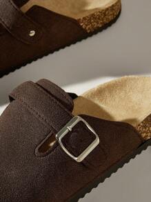 Women's Fashion Thick Bottom Slip-On Sliders With Round Toe And Square Buckle For Christmas - Coffee Brown - View 5