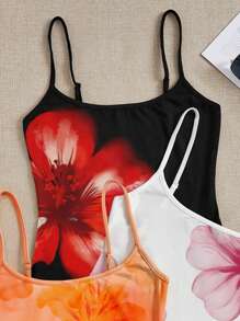 SHEIN EZwear 3pcs Set Casual Tropical Flower Print Cami Top, Vacation Attire For Spring Suitable For Going Out - Multicolor - View 6