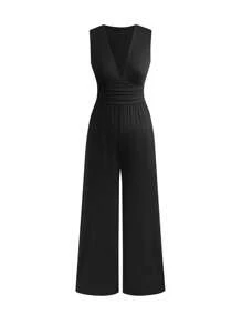 SHEIN PETITE 大码深 V 领罗纹针织无袖连体裤，休闲简约设计