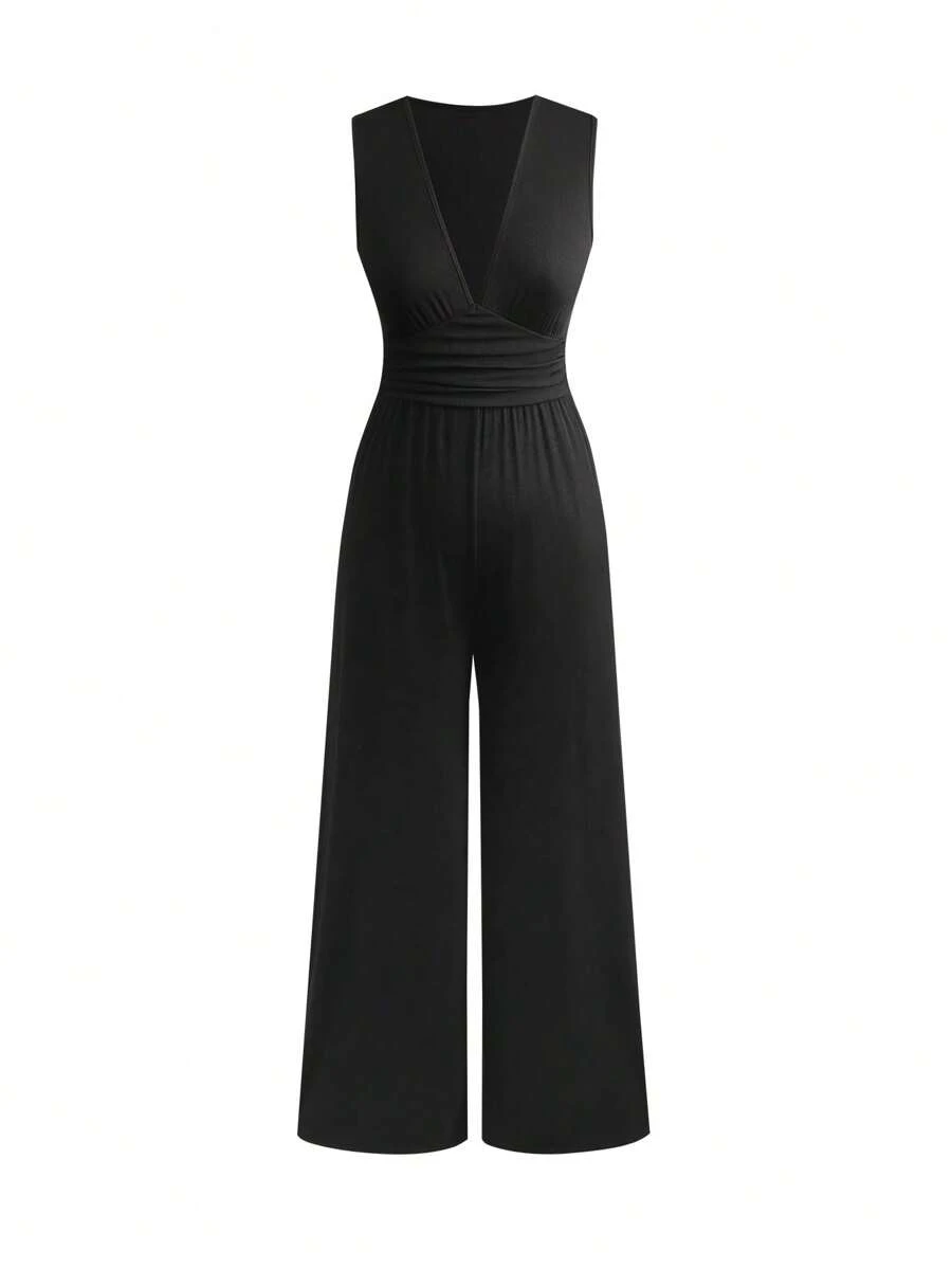 SHEIN PETITE 大码深 V 领罗纹针织无袖连体裤，休闲简约设计