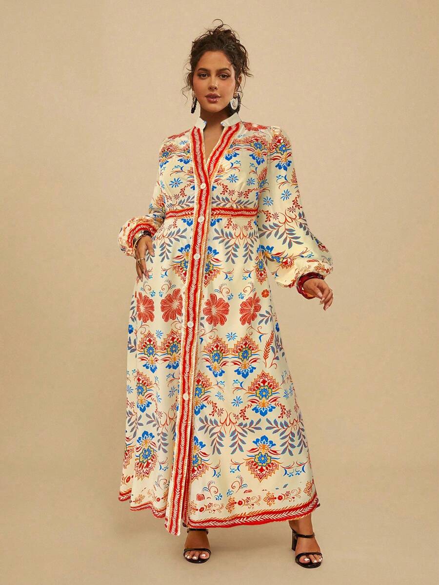 Travachic 大码花卉印花 V 领蓬松长袖衬衫女装连衣裙,圣诞女装 - 杏色 - 查看 1