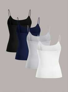 SHEIN EZwear 4pcs/Set Black, Navy Blue, Floral Grey, White Basic Cami Top, Suitable For Spring/Summer - Multicolor - View 2