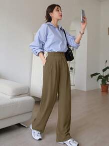 DAZY Classic Solid Color Straight Fit Business Casual Suit Pants,Women Dress Pants - Army Green - View 5