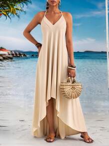 Slaydiva 2025 Summer New Arrival Music Festival, Easter, Western, Nomadic, St. Patrick's Day, Birthday Party, Graduation, Student, Casual, All-Match Matching, Leisure, Vacation, Cruise Travel, Beach, Sunbathing, Viral Asymmetrical Hem, Back Tie, V-Neck, Flared A-Line, Apricot Color Women Dress