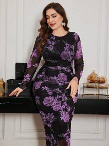 Modelyn Vestido de talla grande de manga larga con elegante estampado de malla de rosas florales