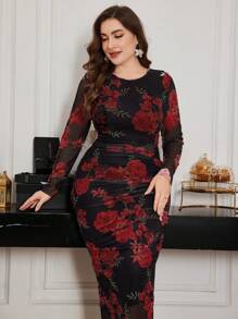 Modelyn Vestido largo de manga larga con estampado floral de rosa y de malla para tallas grandes, elegante