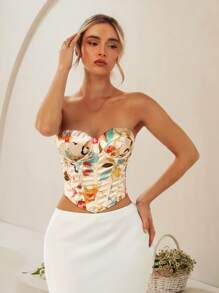 Glamine Sexy Retro Colorblock Floral Print Underwire Cotton Bustier Top For Women - Multicolor - View 3