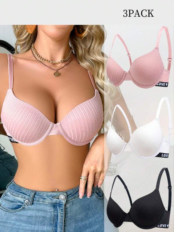 EasyFave 3pcs/Set Letter Jacquard Striped Push-Up Bra