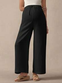 SHEIN Maternity Adjustable Waistband Loose Wide Leg Pants, Solid Color - Black - View 7