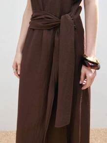 LYSMO 2025 Neuankömmling Damen langes braunes Kleid mit Volantärmeln, Taillenband und Rückenschlitz, Lässig Urlaub, Landhausstil