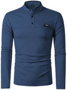 Manfinity Homme Áo thun polo tay dài in chữ thường ngày dành cho nam đi làm - Màu xanh lam - Xem 3