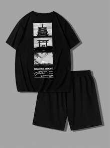 Manfinity Homme 大码男士休闲简约短袖 T 恤和短裤套装，适合夏季 - 黑色 - 查看 3