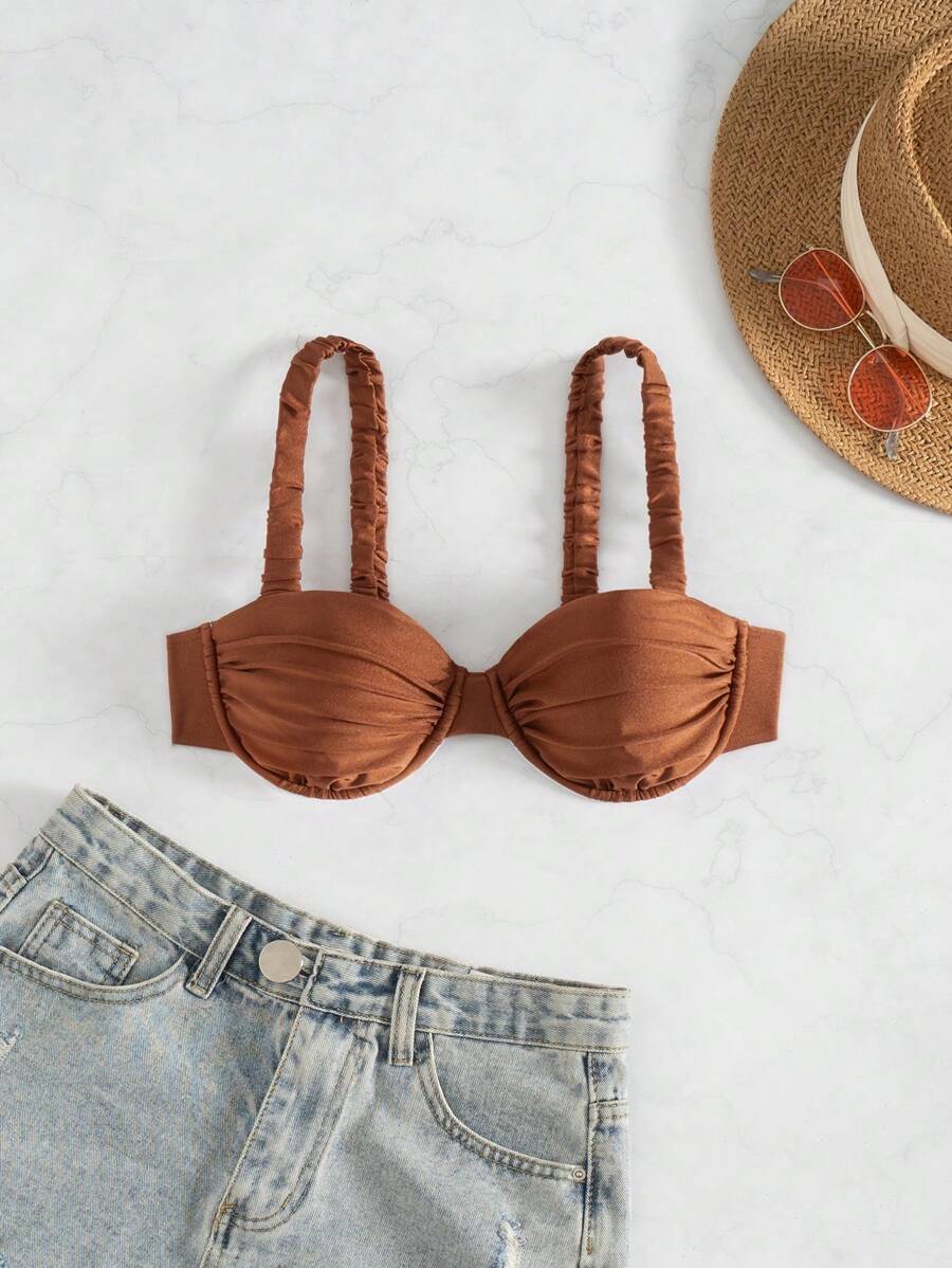 Swim Vcay Bandeau Bikini Set, Ruched Cup With Boning, Adjustable Strap, Suitable For Summer Beach & Vacation Wear - Coffee Brown - View 1