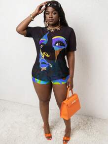 Slaydiva Plus Size Colorful Abstract Face Print Tankini Set For Summer Beach Vacation - Blue - View 3