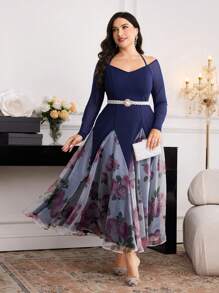 Modelyn Plus Size Women Floral Print Off Shoulder Long Sleeve Elegant Dress - Navy Blue - View 4