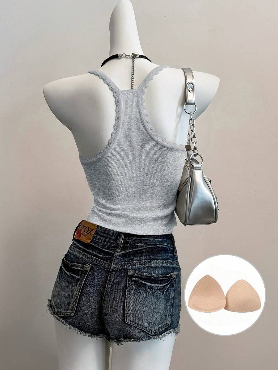 SHEIN EZwear 1 件女士灰色针织对比蕾丝吊带背心 - 灰色 - 查看 1