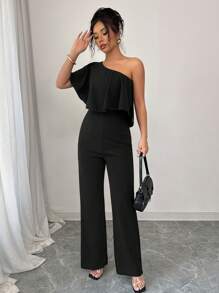 Elenzga Elegant Wrap Shoulder Ruffled Collar Waisted Women's Jumpsuit - Black - View 4