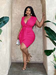 Slaydiva Plus Size Elegant & Party & Date Fitted Solid Pink Mini Dress With Front Twist, Pleated And Contrast Waist Tie, Spring-Summer - Hot Pink - View 4