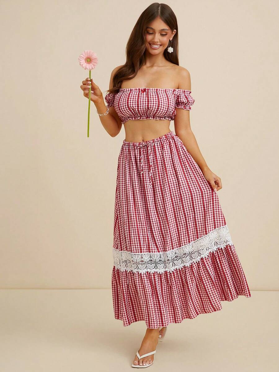 L'Amorae Váy chữ A kẻ caro đỏ cạp thấp gợi cảm phong cách thường ngày mùa hè cho nữ - Đỏ - Xem 1