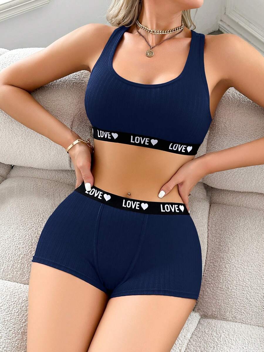 SHEIN Bộ áo ngực và quần lót dệt kim họa tiết chữ thoải mái giản dị dành cho nữ - Xanh đậm - Xem 1
