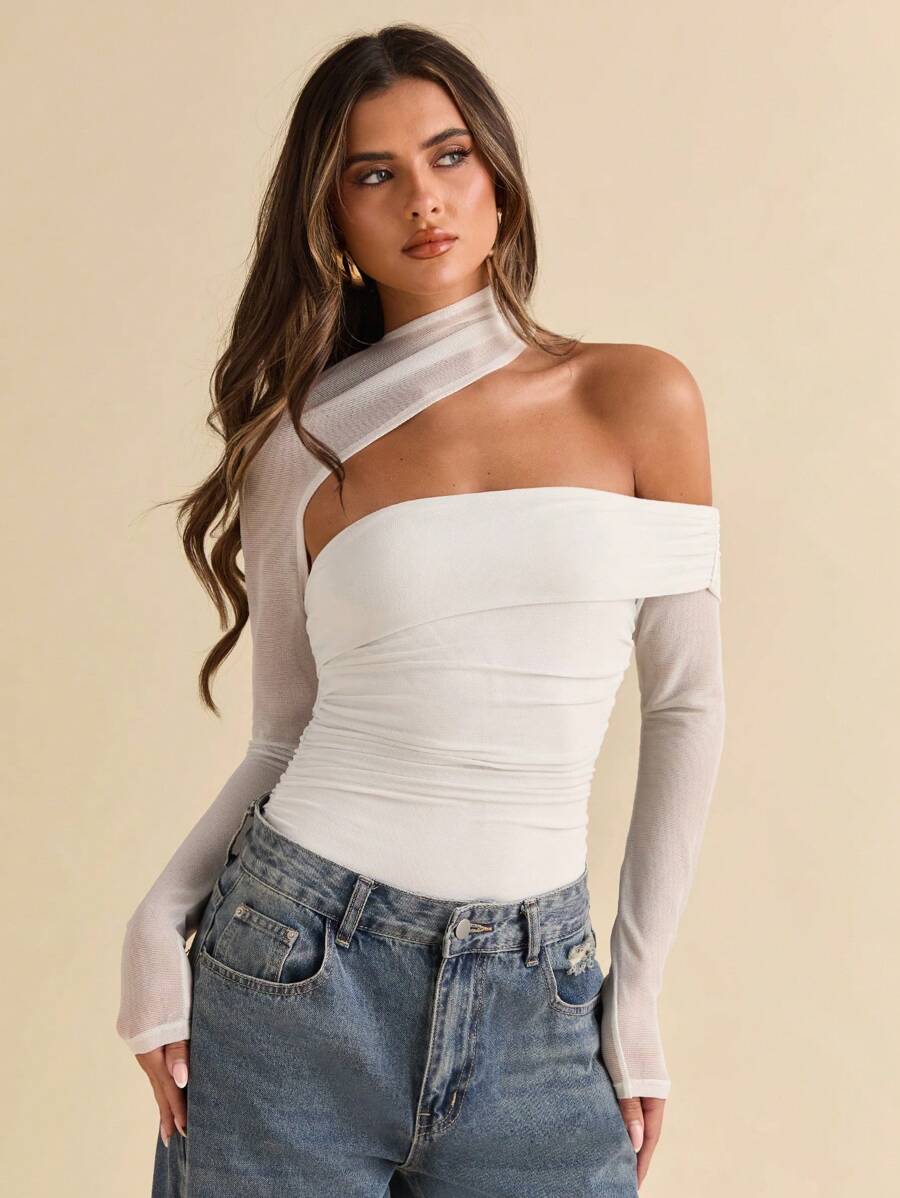 SHEIN BAE Women's Long Sleeve Mesh Asymmetrical Neck Ruched Bodycon Tops, Autumn/Winter - White - View 1