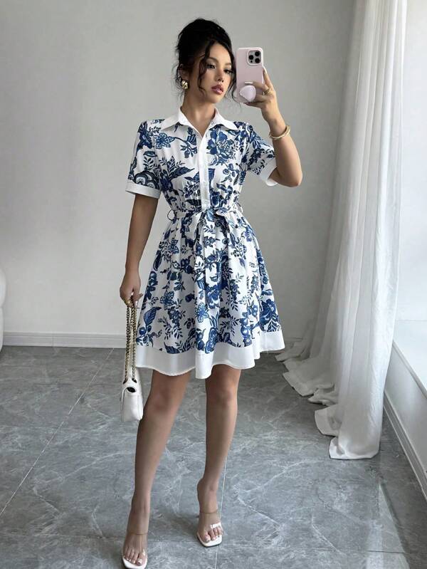 Elenzga Primavara/vara Noua patchwork florale si imprimeu cu puncte Nisa estetica rafinata Rochie de dama cu talie cinchita, cu talie slim cu camasa florala