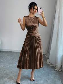 Elenzga 2pcs Set Sleeveless Crew Neck Ruched Waist Elegant Romantic Outfit For Women - Coffee Brown - View 1