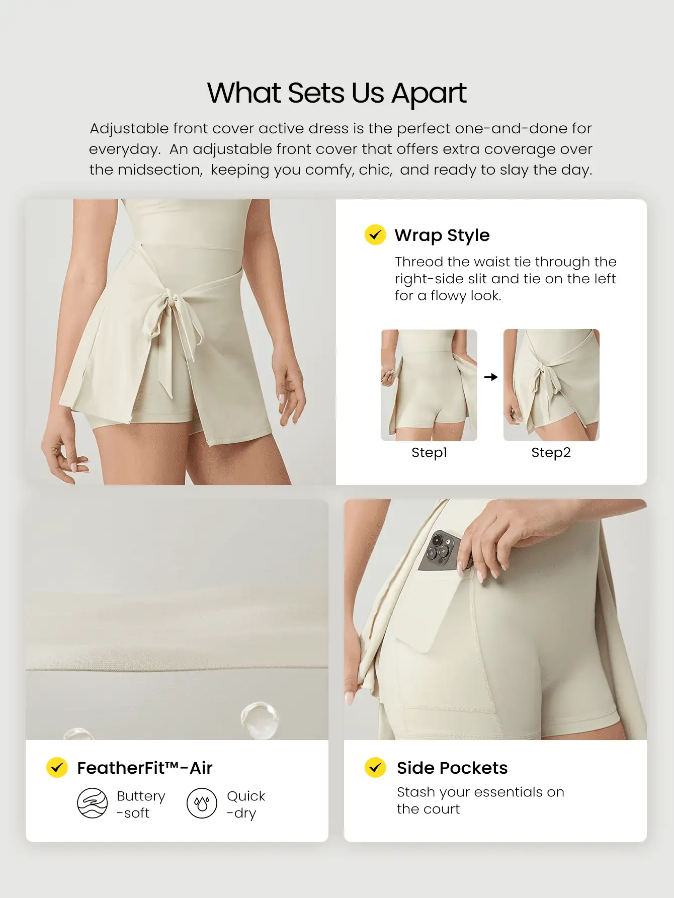 FeatherFit™-Air Sweat-Wicking Quick-Dry Sleeveless Front Cover High-Neck Mid-Thigh Dress Low Impact Daily Casual Wear Removable Cups