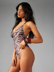 MISSGUIDED 现代动物印花女式高腰连体泳衣连体海滩度假夏季泳池泳衣高级时尚热带度假服系列 - 棕色 - 查看 1