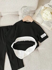 SHEIN Babygirl 可爱针织拼接拼色长袖上衣和松紧腰裤套装，春夏 - 黑色 - 查看 8