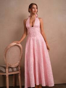 SHEIN Unity Elegant V-Neck Pink Bowknot A-Line Backless Dress, Spring/Summer - Pink - View 5