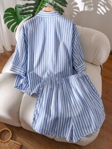 CosyJoli 2pcs Plus Size Summer Outfit, Minimalist & Fashionable - Blue and White - View 4