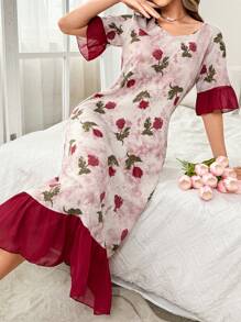 CottageSlumber V-Neck Chiffon Patchwork Ruffle Floral Print Women's Nightgown Babydoll Perfect Summer, Moo Moo - Multicolor - View 5