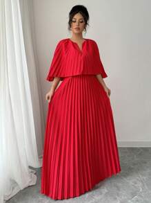 Elenzga V-Neck Gathered Elegant & Romantic Ladies Dress - Red - View 5