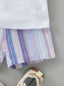 Set da 3 pezzi per bambino: polo a maniche corte con ricamo, pantaloncini a righe colorate e cappello da pescatore, adatto per uscite estive