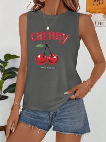 SHEIN LUNE CHERRY Camiseta sin mangas informal con estampado de frutas, adecuada para el verano - Gris Oscuro - Ver 4