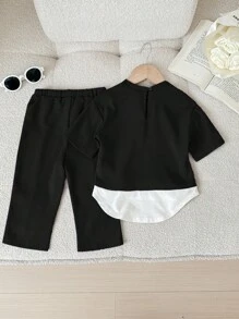 SHEIN Babygirl 可爱针织拼接拼色长袖上衣和松紧腰裤套装，春夏 - 黑色 - 查看 2